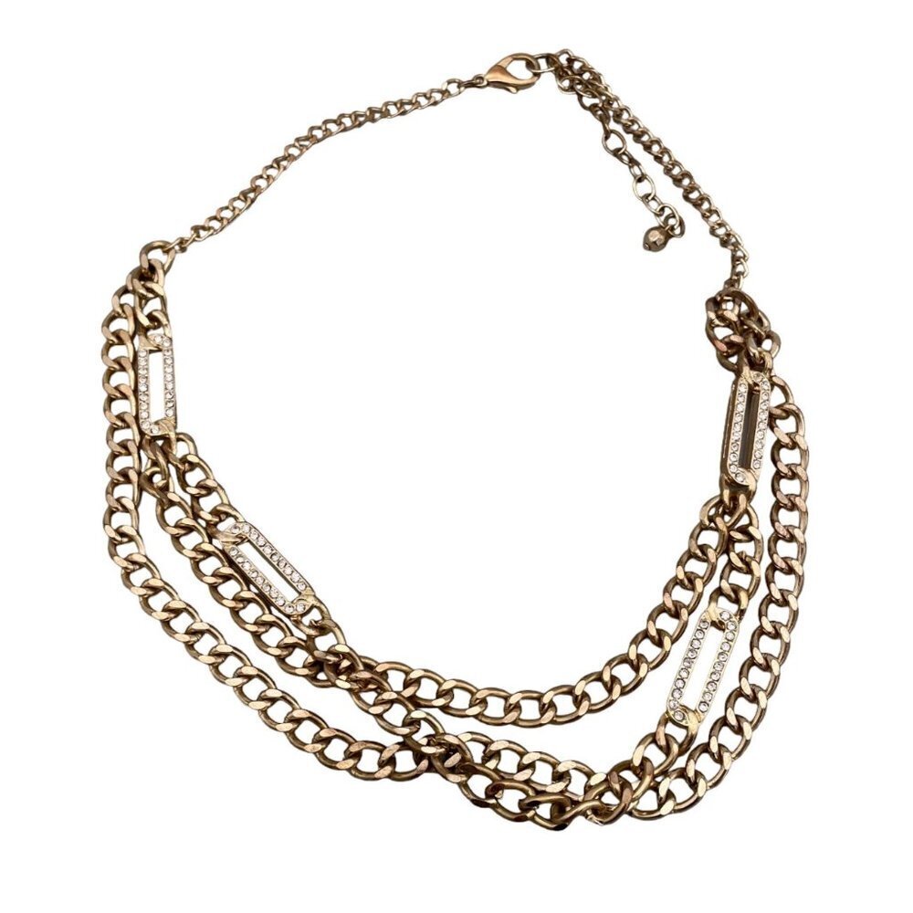 Rhinestone Three Strand Curb Link Chain Necklace Gold Tone 20 to 23 Inches